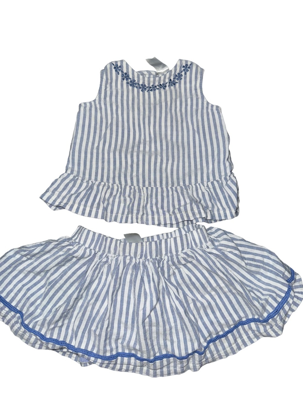Carter's Blue & White Striped Girls Top and skirt with Floral Embroidery